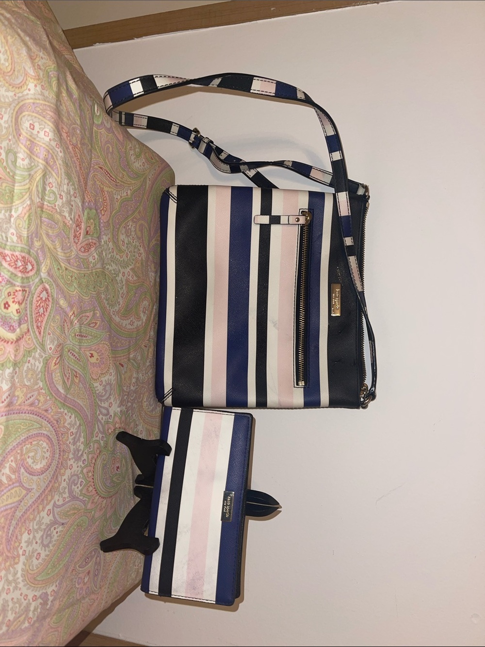 kate spade Navy, Black, White & Blush Striped Crossbody with Matching Wallet